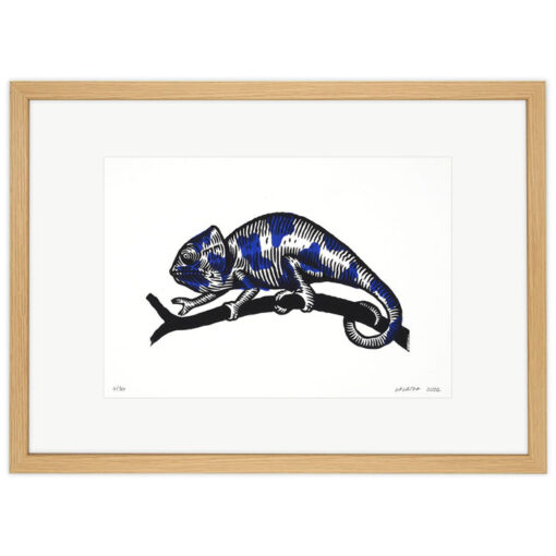 Chameleón, modrý - Tomáš Galajda, 30x21 / linoryt grafika