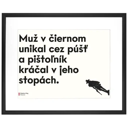 Muž v čiernom unikal cez púšť a pištoľník kráčal v jeho stopách - Poustr / letterpress grafika