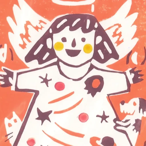 Anjelik, oranžový - Lenka Šturmankinová, 21x15 / linoryt grafika