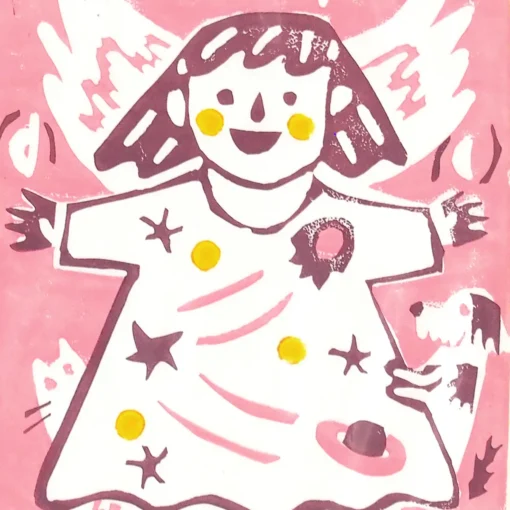 Anjelik, ružový - Lenka Šturmankinová, 21x15 / linoryt grafika