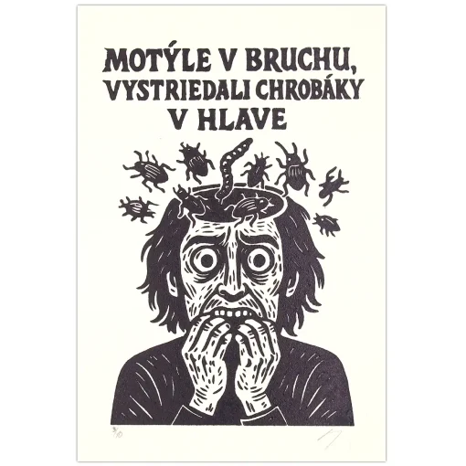 Motýle v bruchu, vystriedali chrobáky v hlave! - prcART, A4 / linorytová grafika
