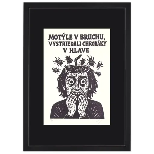 Motýle v bruchu, vystriedali chrobáky v hlave! - prcART, A4 / linorytová grafika