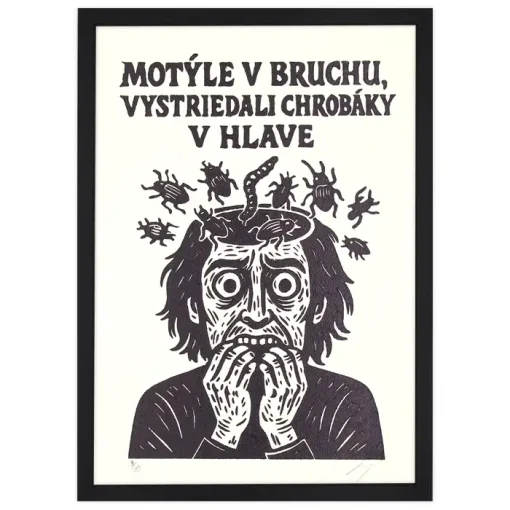 Motýle v bruchu, vystriedali chrobáky v hlave! - prcART, A4 / linorytová grafika