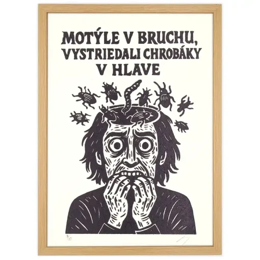 Motýle v bruchu, vystriedali chrobáky v hlave! - prcART, A4 / linorytová grafika