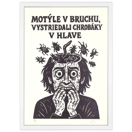 Motýle v bruchu, vystriedali chrobáky v hlave! - prcART, A4 / linorytová grafika