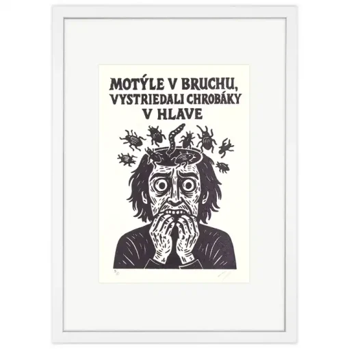 Motýle v bruchu, vystriedali chrobáky v hlave! - prcART, A4 / linorytová grafika