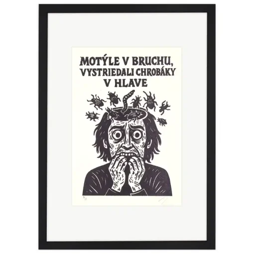 Motýle v bruchu, vystriedali chrobáky v hlave! - prcART, A4 / linorytová grafika